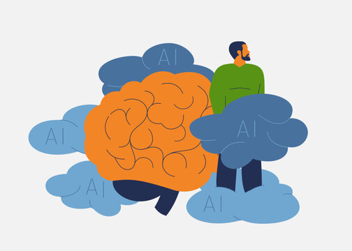 Mental fog as a result of over monitoring AI errors. Human brain surrounded by clouds. Managing low-quality AI-generated content creates a high cognitive load for people. vector illustration