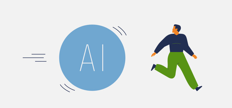 Businessman running from big ball AI. Man denial to use artificial intelligence in work projects and life. worker is not keeping up with progress in the field of AI. Vector illustration