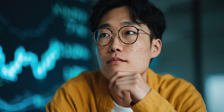 Young man wearing glasses contemplating financial data screen
