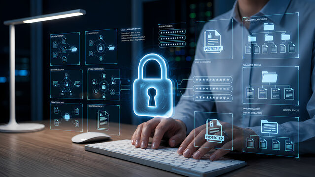 Cybersecurity data protection concept with secure digital shield interface and copy space