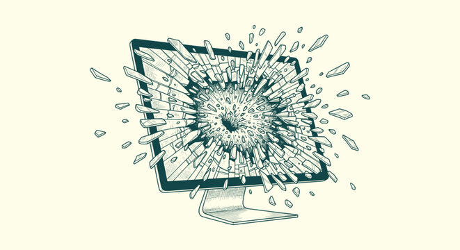 Detailed Hand Drawn Shattered Computer Monitor Screen Illustration with Exploding Glass Shards
