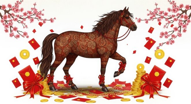 A brown horse standing on a red and gold decorated surface illustration