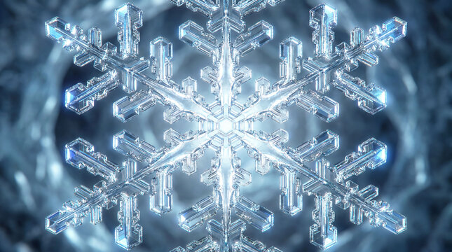 Macro shot of a complex crystal snowflake with ice texture on a blurred winter background