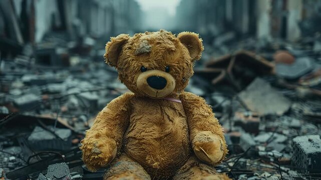 toy bear on the ruins of houses