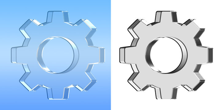 Glossy 3D Gear Icon in Blue and Silver Glass Style for Creative Designs Reflections