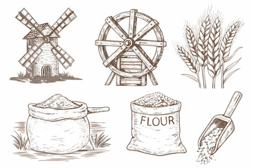 Vintage farm illustrations windmill water wheel wheat and grain sacks © Ankan