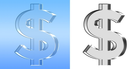 Obraz premium Glossy 3D Dollar Symbol Icon in Blue and Silver Glass Style for Modern User Interfaces Transparent