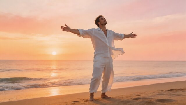 A man stands on a beach with his arms outstretched, embracing the serenity of a sunset. The vibrant colors of the sky and ocean create a peaceful atmosphere, evoking feelings of calmness and