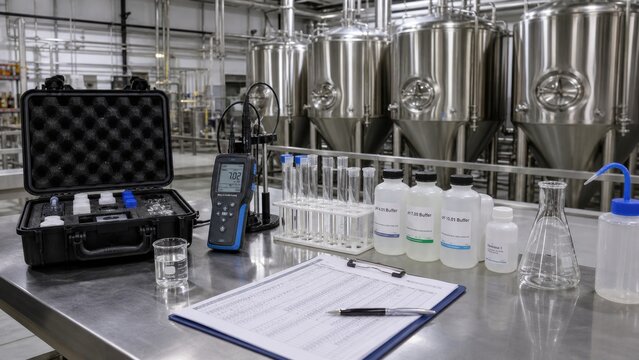 Laboratory setup in a brewing facility for testing water quality, equipment, and measurements, showcasing various tools and containers on a stainless steel surface