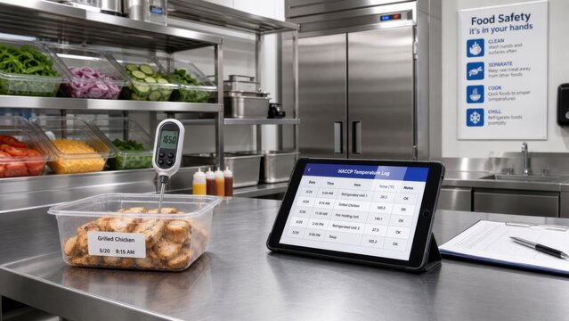 Kitchen setup with food safety tools for monitoring grilled chicken temperature and other ingredients in a restaurant