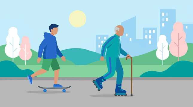 Generations active in urban park: skateboarding, rollerblading, walking