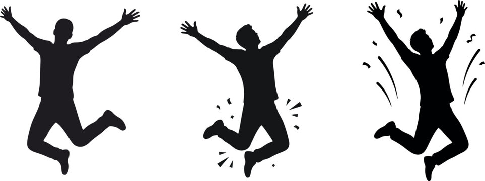 Black silhouette of man jumping in air with arms up