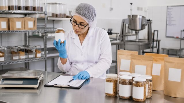 Worker examines jar of food product in kitchen during packaging process for quality check and inventory management