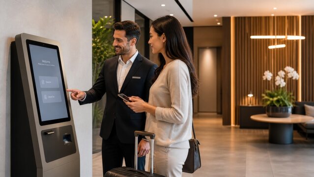 Couple checks in at hotel reception using digital kiosk to confirm their reservation and complete the check-in process