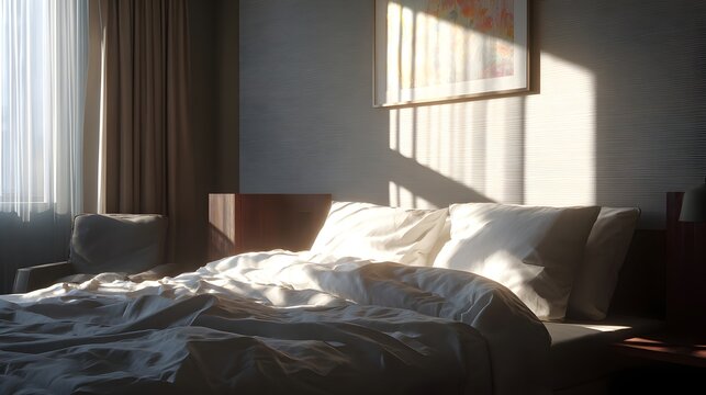 sunlit bed with white linens in a bright and airy bedroom interior