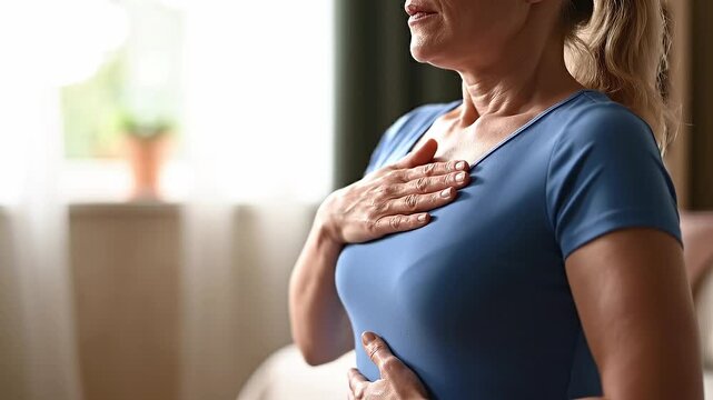 A mature woman holds her hand over her chest with a pained expression. She appears to be suffering from a heart attack or discomfort at home. Ideal for healthcare and medical awareness content.