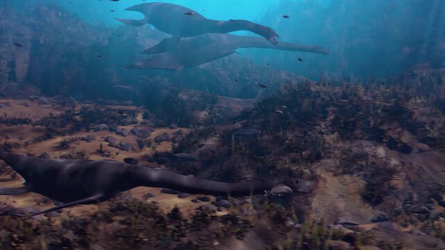 4k 3d animation of two Plesiosaurs swimming in Deep Blue Ocean Water - Ancient Sea Monster