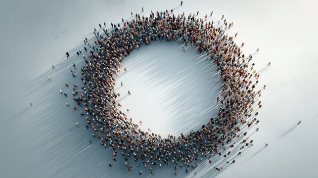 Crowd of people standing in a circular ring from aerial view. Community connection, teamwork, inclusion, social unity.