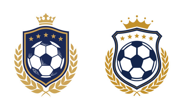 Royal football club crest with gold crown laurel wreath and soccer ball on shield, heraldic badge design in navy blue and gold color scheme.