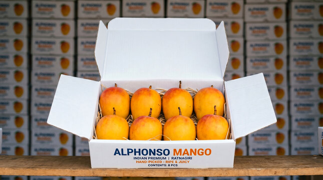 fresh Indian ripe yellow Alphonso or Hapus mango fruit in box, most famous in India coming from Ratnagiri or Devgad, Maharastra state, also export to USA, Canada, UK, UAE,GULF, blur background