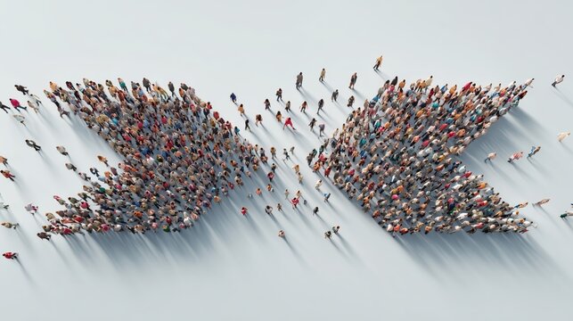 Two crowds forming opposing arrows meeting in the center from aerial view. Partnership, negotiation, teamwork, business connection.