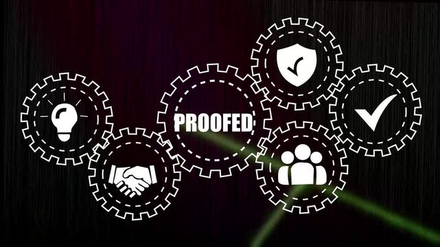 Animated business concept featuring interlocking gears with proofed text and representing innovation, security, teamwork, and success for corporate presentations and