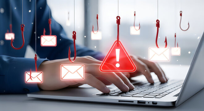 Cybersecurity threat hands typing on laptop surrounded by digital warning signs
