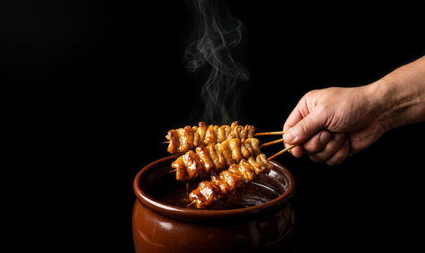 湯気が立ち上る熱々の焼き鳥をタレに絡める手元