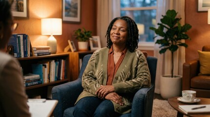Obraz premium Woman in therapy session smiling in a cozy room.