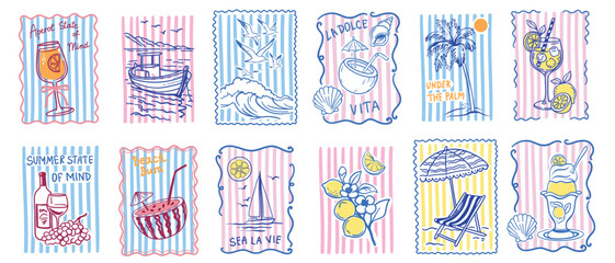 Obraz premium Vector set of summer travel postage stamps with hand-drawn line art illustrations. Collection of decorative beach stickers featuring aperol spritz, palm tree, boat, sea waves, coconut cocktail