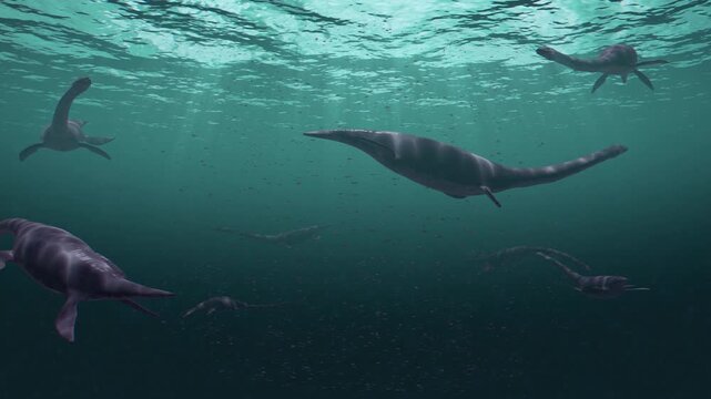 3d animation of Plesiosaurs glide through the deep turquoise depths of a prehistoric ocean, its sharp teeth bared in the encient abyss