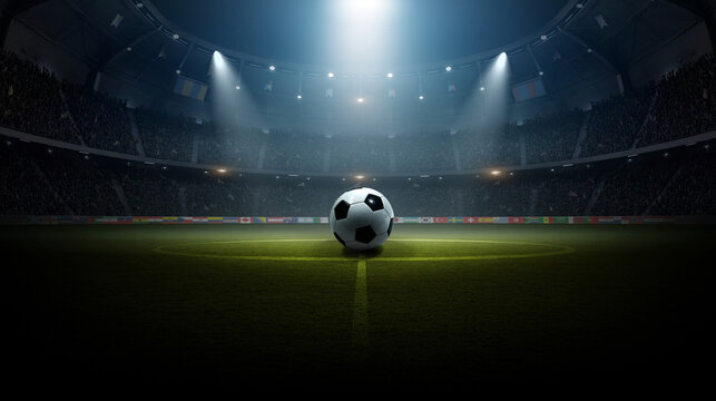 National flags in the stadium with soccer ball at night.