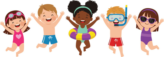 Happy kids in swimwear vector illustration with children jumping and enjoying summer beach vacation fun