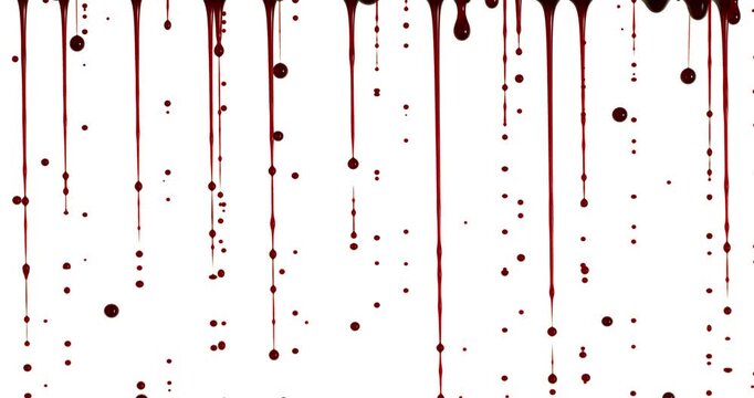 Slow Motion Shot of Red Blood Dripping and Flowing in Thin Streams on a Clean White Background. High-Speed Liquid Detail for Medical, Horror or Dramatic Visual Concepts.