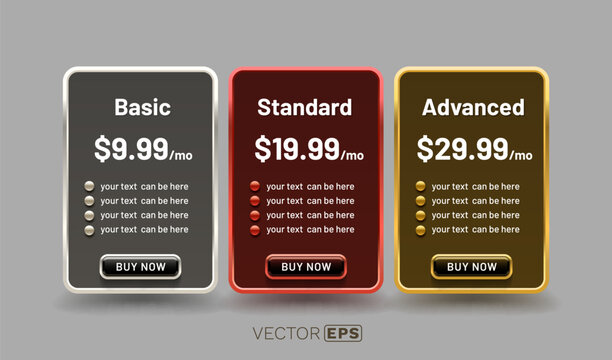 Modern pricing table template with three comparison plans.