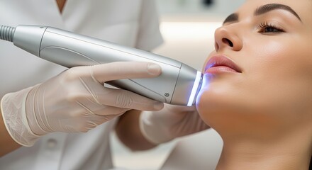 Naklejka premium Beautician using advanced blue light laser technology for face treatment.