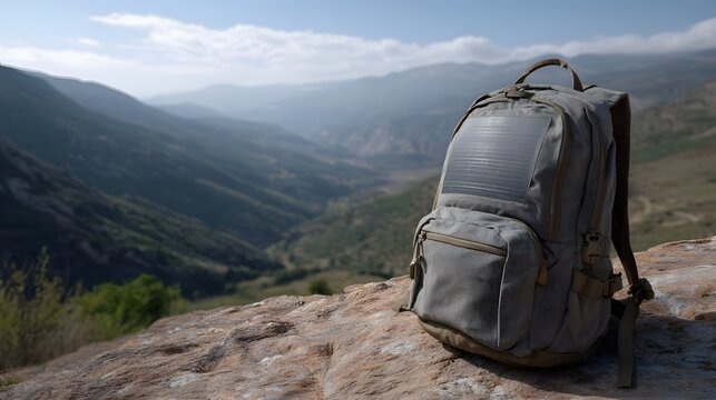 An empty outdoor backpack rests on a rocky outcrop providing a grand vantage point overlooking a vast and serene mountain valley