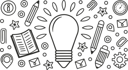 Black and white hand-drawn doodle of school supplies and stationery hand drawn © Stock Fire