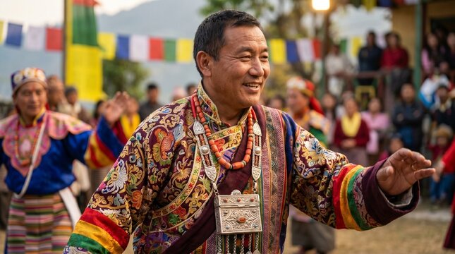 Smiling Sikkimese man in traditional ethnic attire performing a folk dance during Sikkim State Day celebrations, featuring colorful prayer flags and festive crowd in the background.