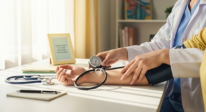 Doctor Taking Patient's Blood Pressure in a Bright Medical Office for Healthcare