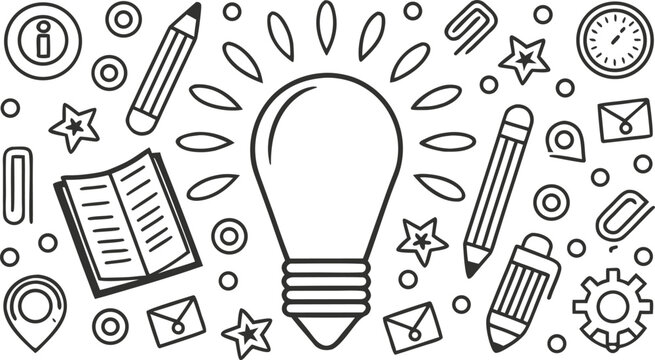 Black and white hand-drawn doodle of school supplies and stationery hand drawn