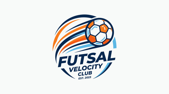 Futsal Velocity Club logo featuring a stylized futsal ball in dynamic motion with orange and blue streaks, indicating establishment in 2023.