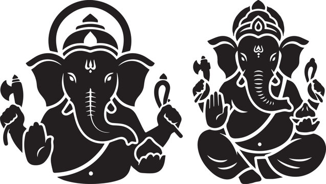 Lord Ganesha black silhouette vector set, Hindu god Ganpati elephant deity illustrations, spiritual religious icons for Diwali and yoga decor
