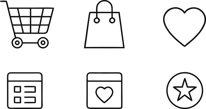 Minimalist for online shopping: cart, bag, heart, tag, and star shopping cart paper bag