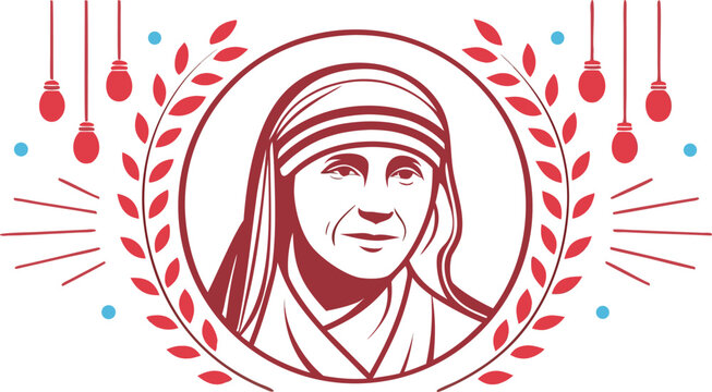 Red and blue floral wreath with portrait of mother teresa in white and gold tones