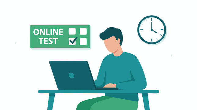 Man Taking Online Test on Laptop with Clock and Checklist