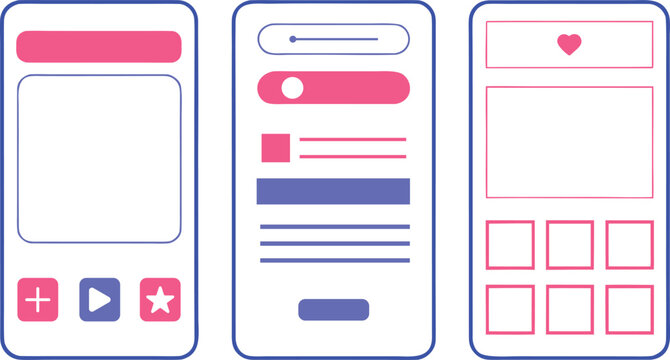Mobile app ui set with pink header cards, buttons, navigation, and layout grids card layout