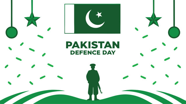 Commemorative poster for pakistan defence day with soldier silhouette and national symbols