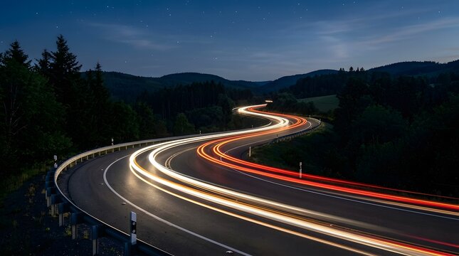 Nighttime highway curves a long exposure captures streaks of light through a mountain pass, motion light