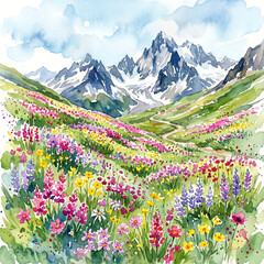 Fototapeta premium Vast sloping alpine meadow carpeted with red and pink wildflowers leading up to dramatic Watercolor Landscape Painting Illustration